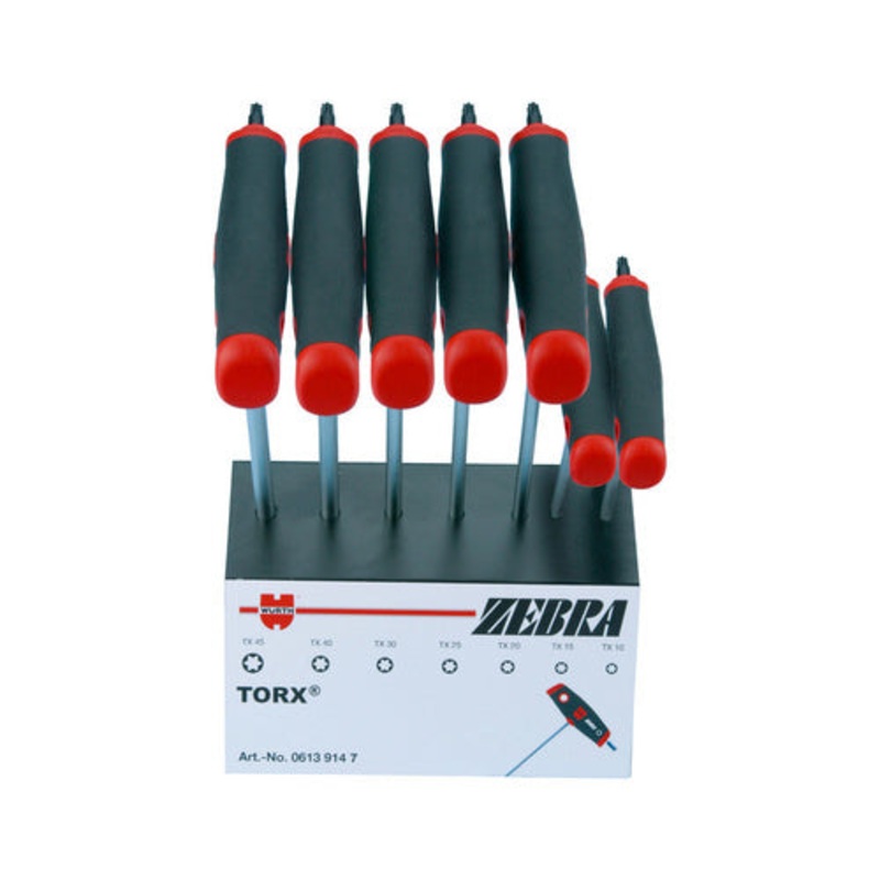 ZEBRA T-Handle, Torx Socket Set – In Sheet Steel Rack – 7 Pieces – TX 10; TX 15; TX 20; TX 25; TX 30; TX 40; TX 45