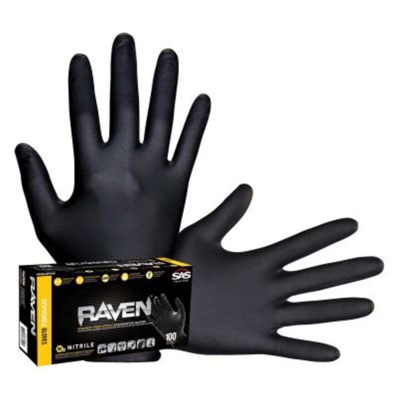 SAS Safety Raven Black 7mil PF Nitrile Gloves, XL(pk of 100)