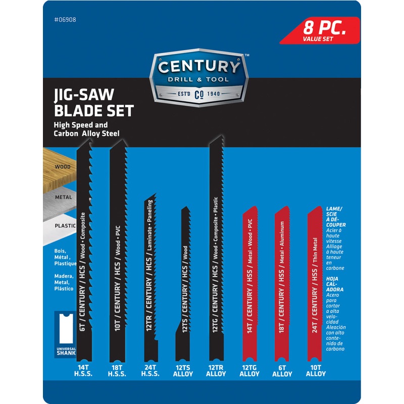 Century Drill And Tool 8 Piece Alloy And High Speed Steel Jig-Saw Blade Set