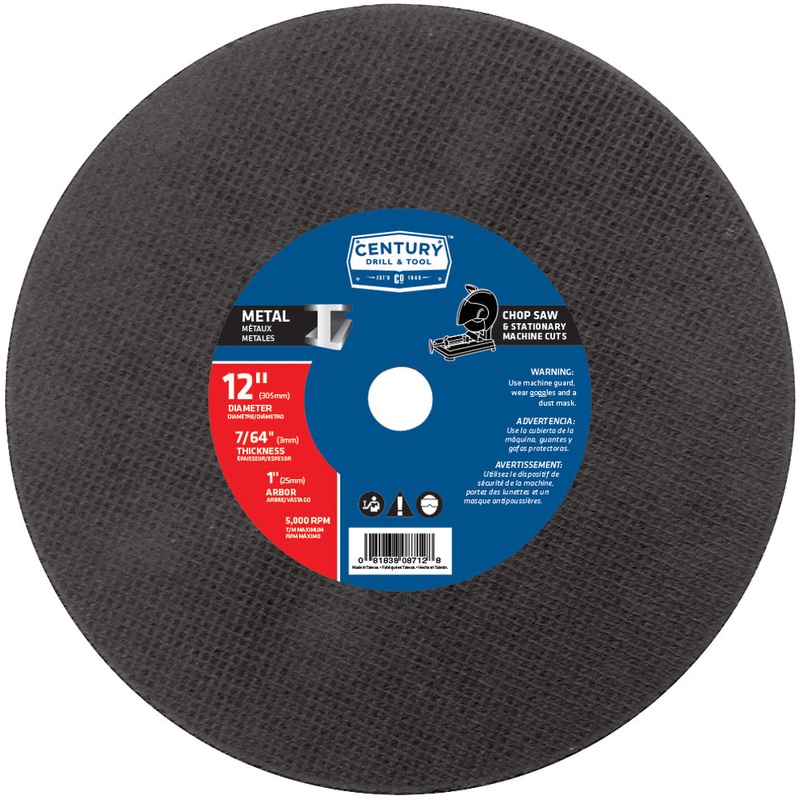 Century Drill And Tool Abrasive Saw Blade 12 Diameter 7/64 Thickness 1 Arbor Type 1a Metal