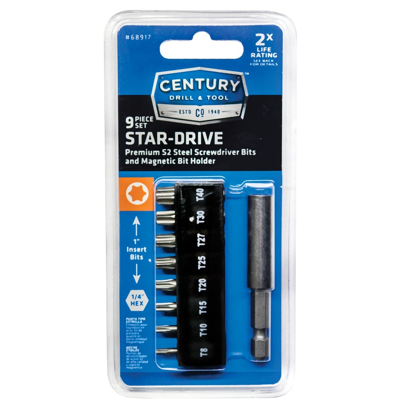 Century Drill And Tool 9 Piece S2 Star-Drive Screwdriving Bit Set