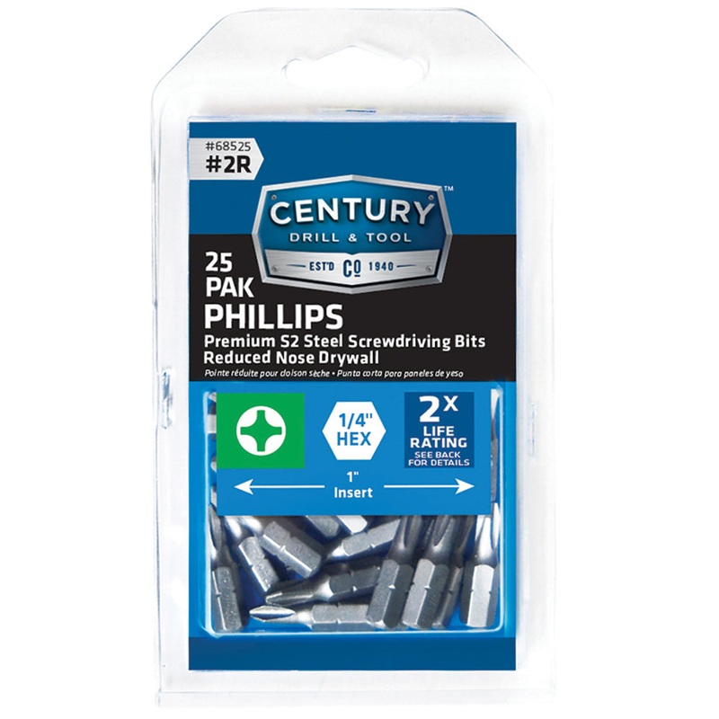 Century Drill And Tool Drywall Screwdriver Bit #2r Insert 1 S2 Steel 25 Pack