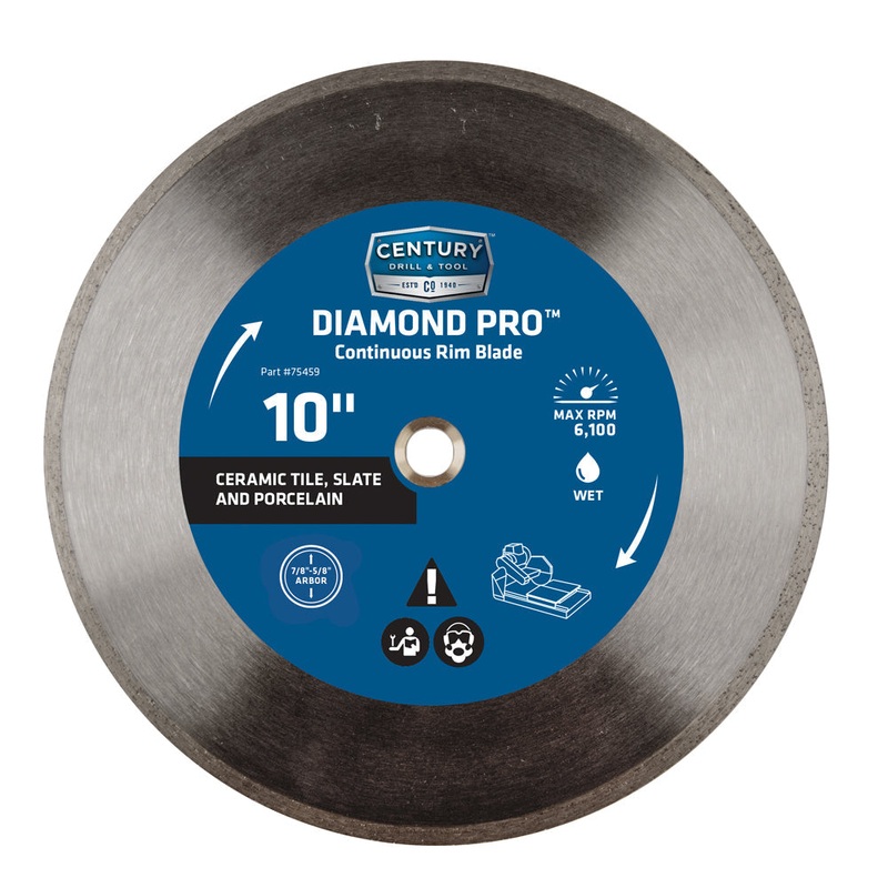 Century Drill And Tool Diamond Continuous Rim 10 Saw Blade 7/8 Arbor 5/8 Adapter Wet Cut