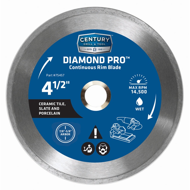 Century Drill And Tool Diamond Continuous Rim 4-1/2 Saw Blade 7/8 Arbor 5/8 Adapter Wet Cut