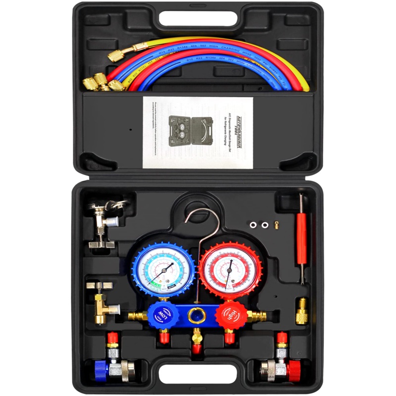 AutoWanderer Tool 3 Way Manifold Gauge Air Conditioning Diagnostic Freon Charging Set – Fits R134A R404A