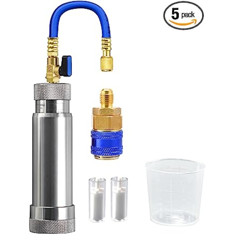 AutoWanderer Tool AC Oil Dye Injector Kit for R134a Refrigerant System with 1/4 SAE Connector and Snap Quick Coupler 2 Oil Checkers 2oz Measuring Cup