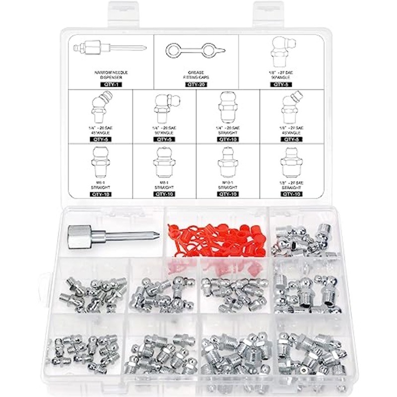 AutoWanderer Tool Grease Needle Nozzle, Grease Fittings Kit 70pc SAE & Metric Grease Zerk Assortment 1/4 1/8 M6 M8 M10 Straight 45 90 Degree Zerk Fittings with 20pc Fitting Caps
