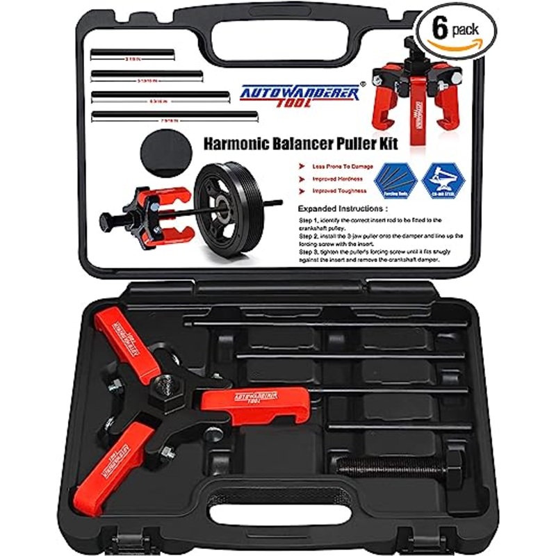 AutoWanderer Tool Harmonic Balancer Puller with Adjustable 3-Jaw Puller Kit, Forcing Screw Fits a 3/8 Square Drive and 4 Forcing Rods for Removing Harmonic Dampers & Balancers