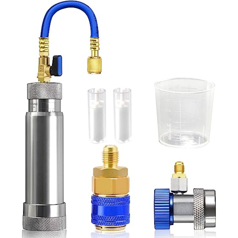 AutoWanderer Tool R134A AC Oil Dye Injector Kit with 2 Quick Couplers 2 Oil Checkers 2oz Measuring Cup