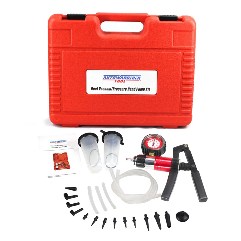 Brake Bleeder Kit One Person Hand Vacuum Pump Automotive Tester One-Man Brake Clutch Fluid Extractor Master Cylinder Bleeder Kit with Adapters Case,Red