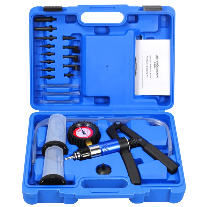 Manual Brake and Clutch Bleeder Kit Hand Vacuum Pump Pressure Tester Brake Bleeding Kit, One Man Brake Fluid Oil Bleeder System Tool with Adapter Case,Blue