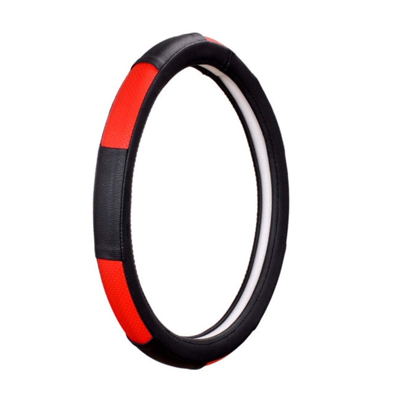 Ring Type Car Steering Wheel Cover Universal Genuine PU Non-Slip Natural Rubber Well Padded Grip Breathable Leatherite for – Cars (Gold Blaze Black N Red)