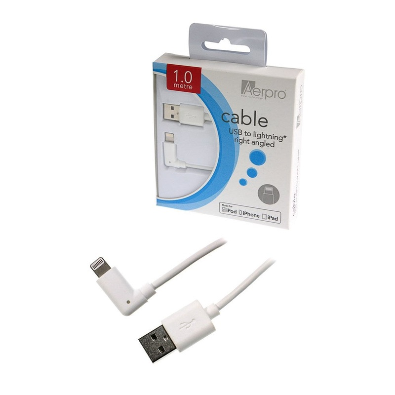 Aerpro APL105R 1 Metre Apple MFI Certified Lightning Right Angle to Type-A USB Cable – White