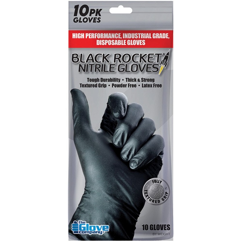 The Glove Company Handy Pack of 10 Black Rocket Heavy Duty Disposable Nitrile Gloves – Medium – 130102
