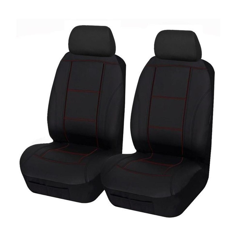 MyCar Lavish Universal Front Seat Covers Size 30/35 PU Leather Look – Black With Red Stitching – LAVA3505