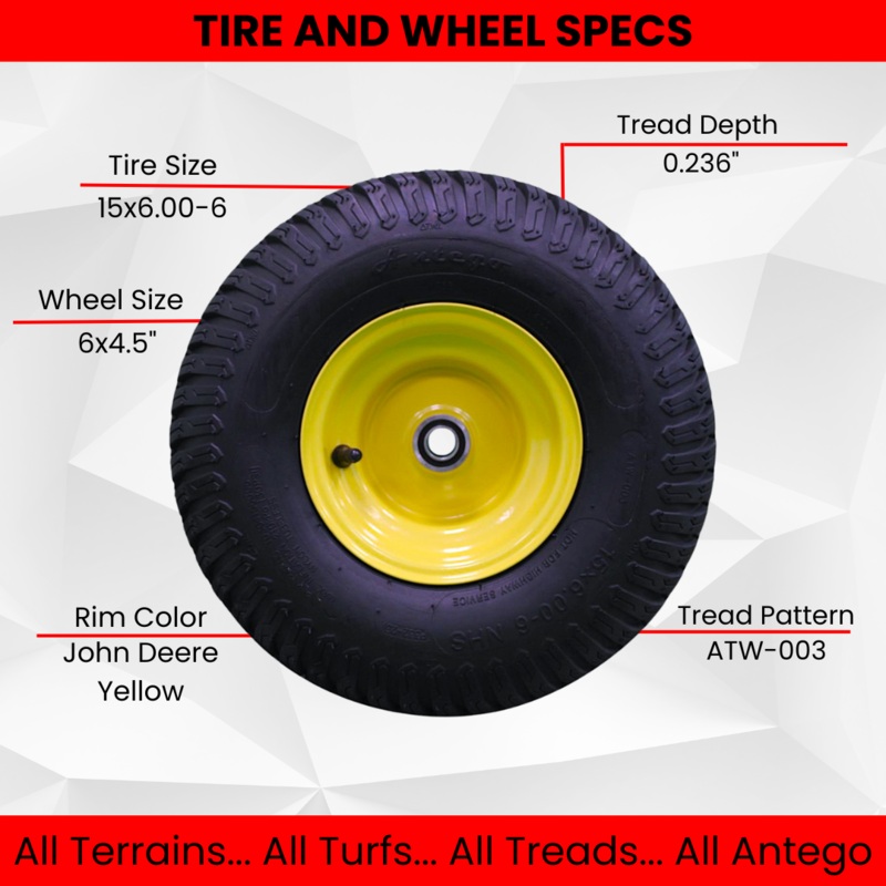 Antego Tire & Wheel (Set of 2) 15×6.00-6 Tire and Wheel Assemblies, ATW-003, 4 Ply Turf Tires, .75 Precision Ball Bearings, John Deere 15×6.00-6NHS Lawn Mower Tires, John Deere Front Tires 15×6.00-6