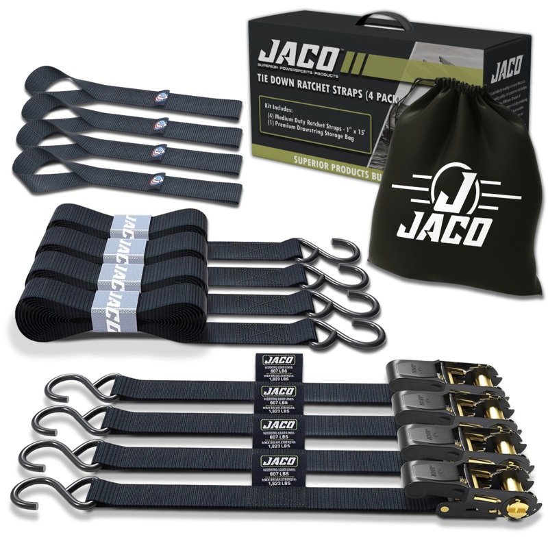 Tie Down Ratchet Straps (4 Pack) – 1 in x 15 ft | AAR Certified Break Strength (1,823 lbs) | Cargo Tie Down Set